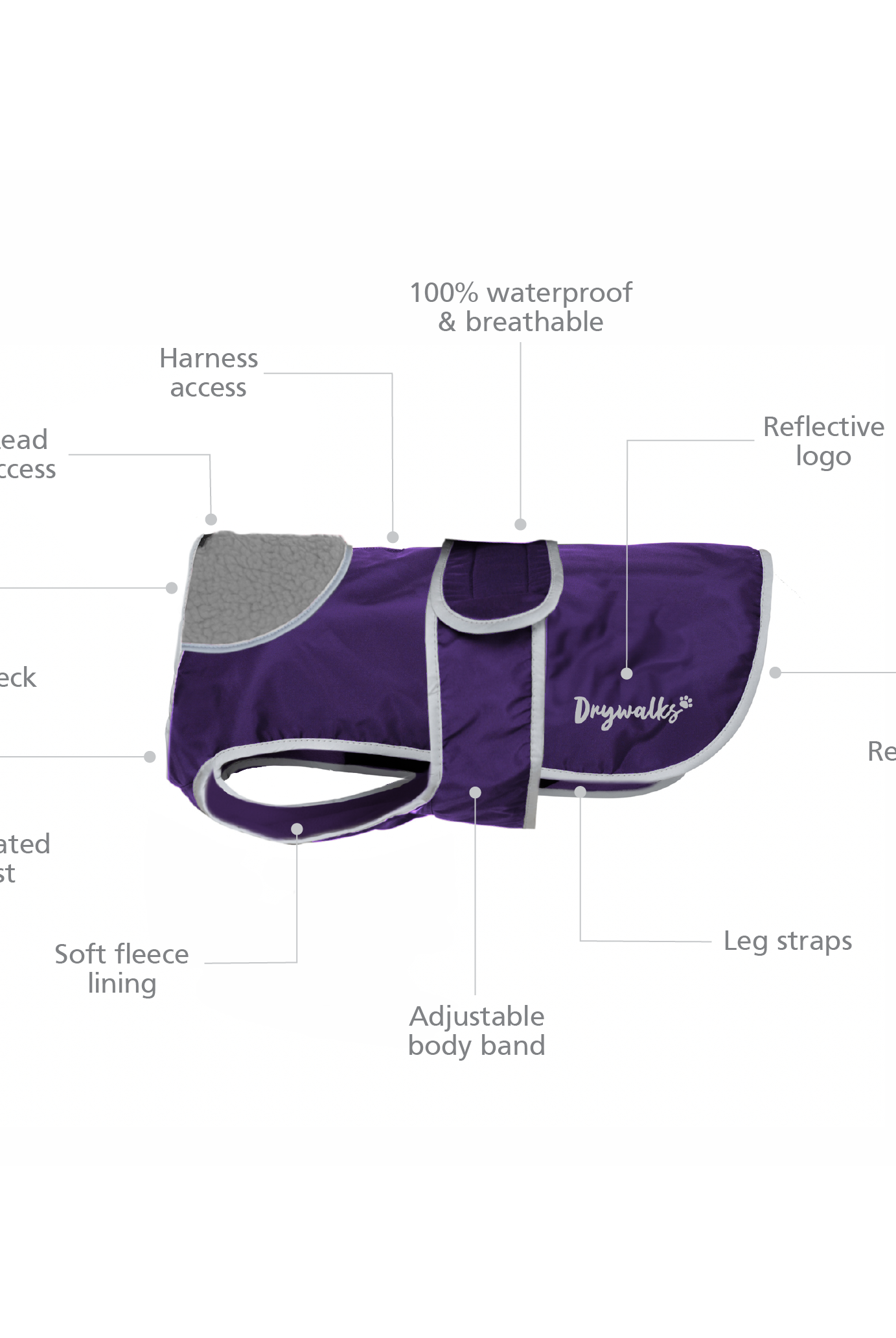 Drywalks Waterproof Dog Coat in purple product features