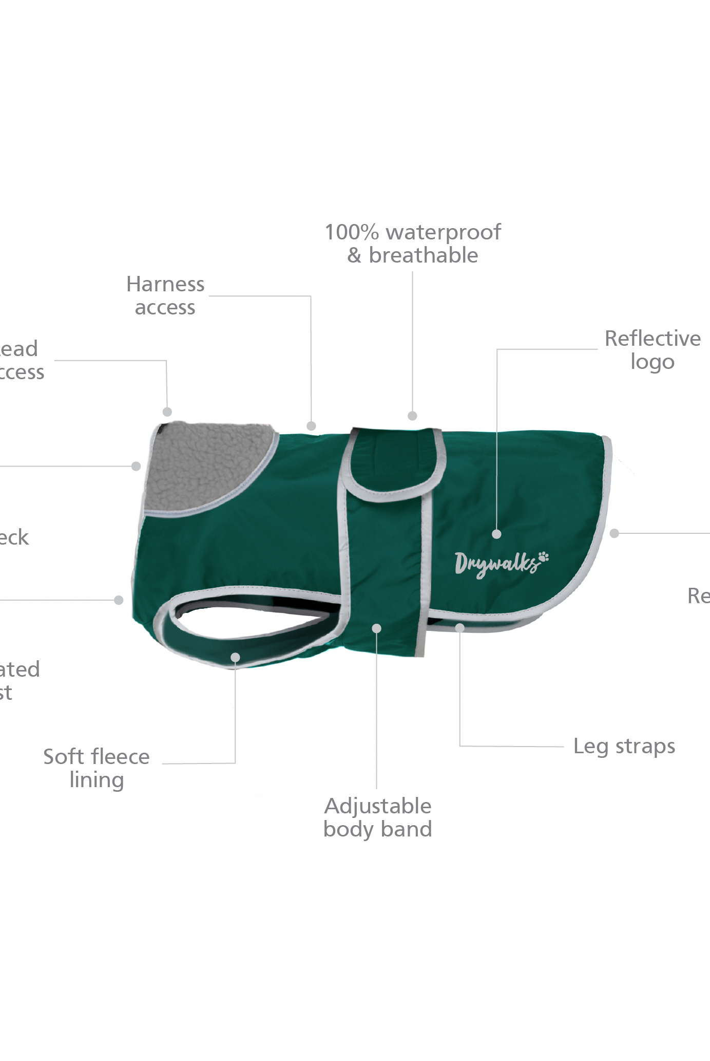 Drywalks Waterproof Dog Coat in teal product features