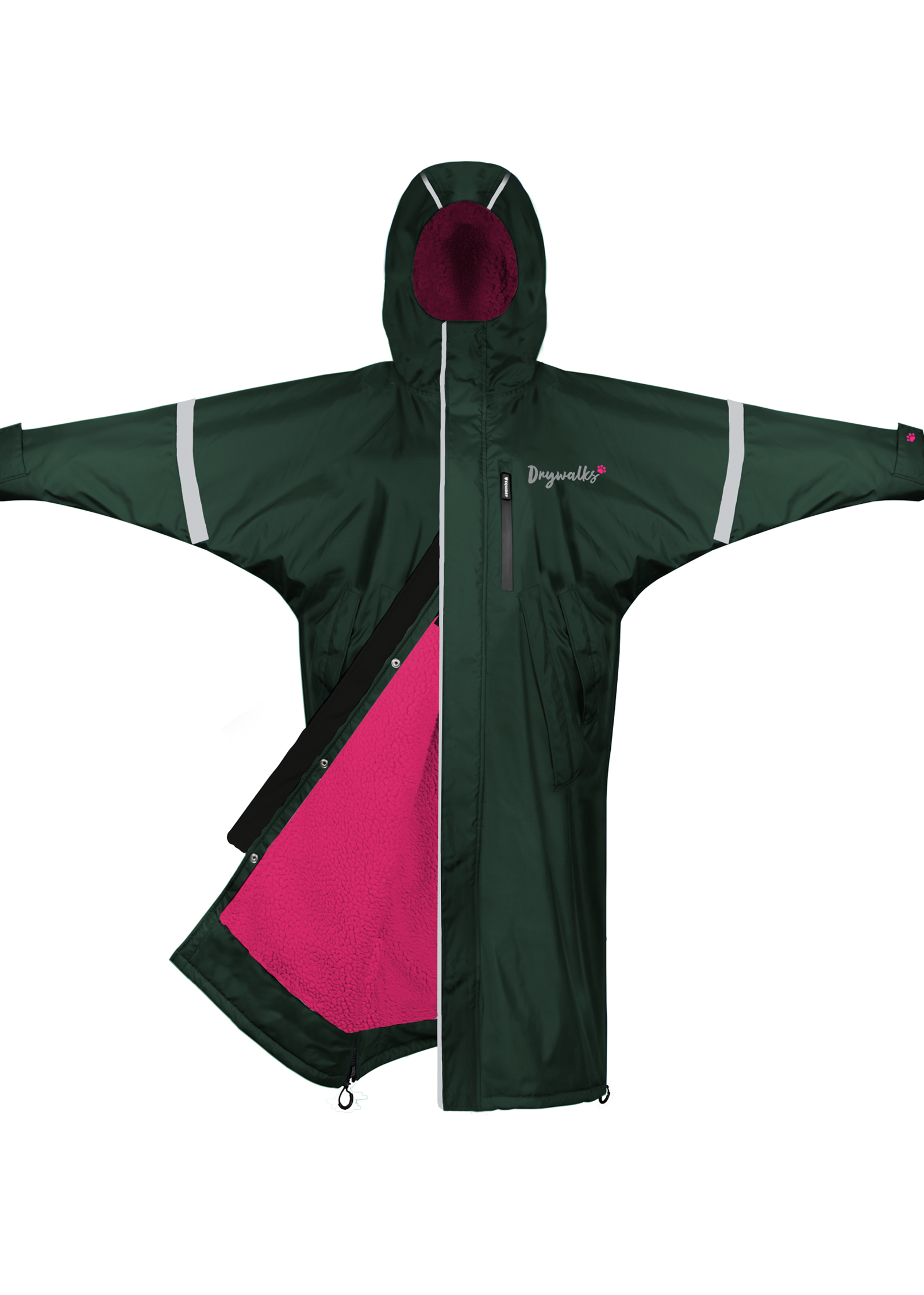 Drywalks Winter Walker Waterproof Dog Walking Coat in black forest green/pink