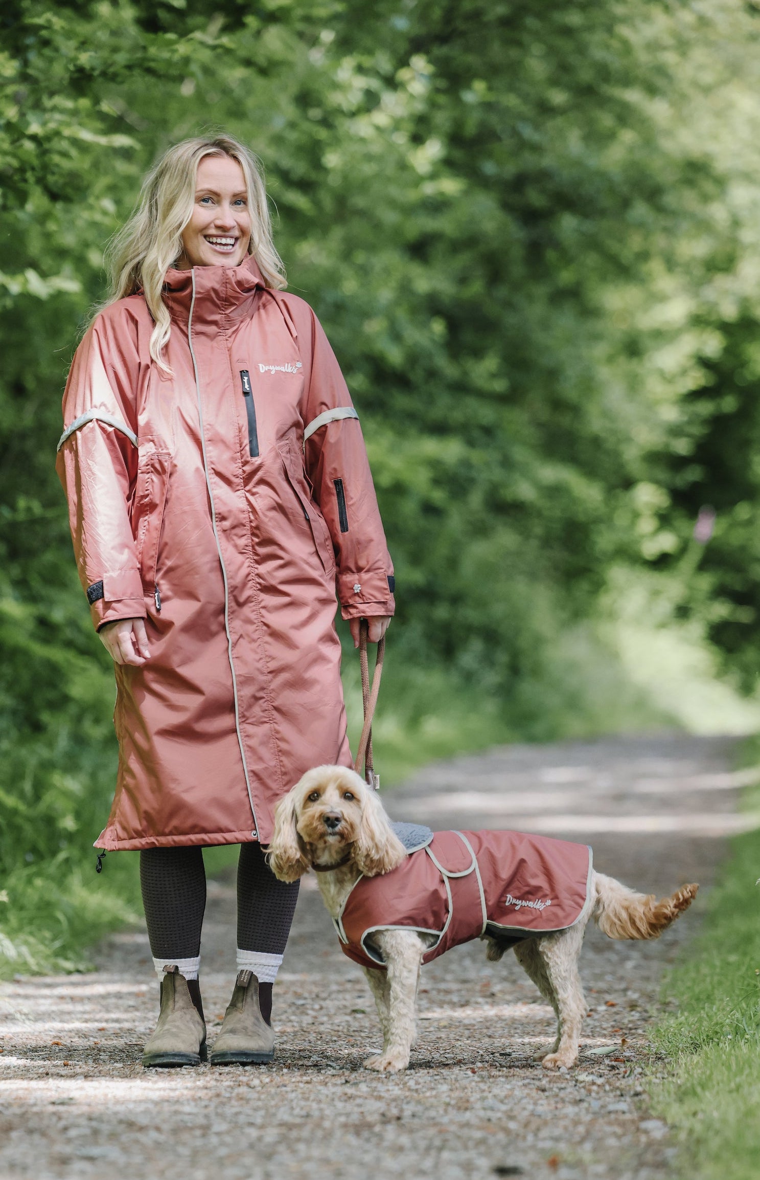 Drywalks Waterproof Dog Coat in chesnut woman taking dog for walk