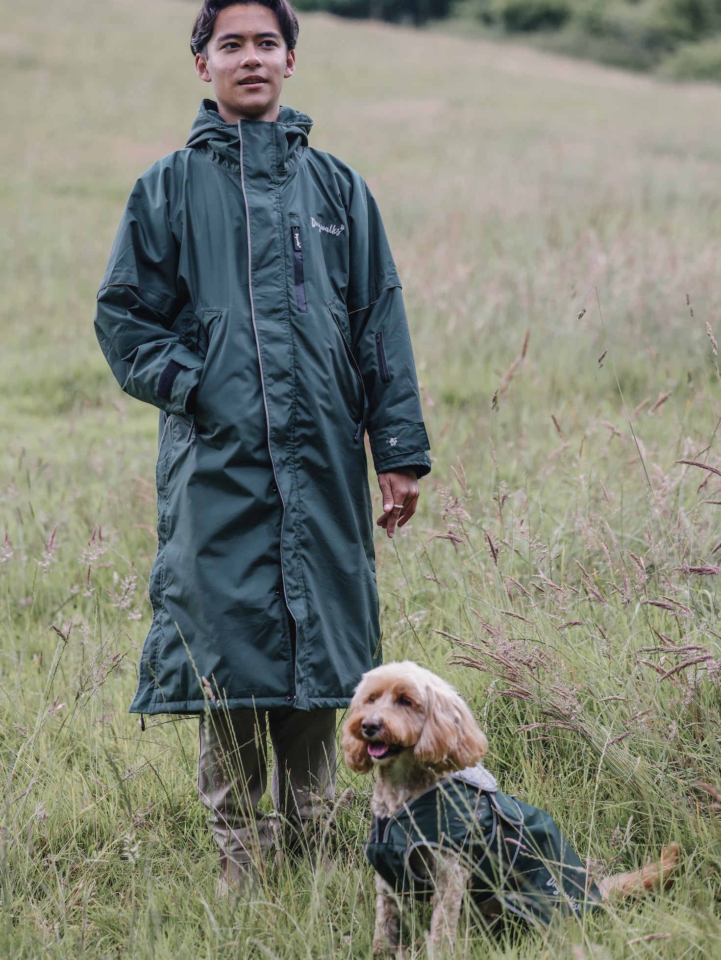Drywalks Waterproof Dog Coat in black forest green man walking dog