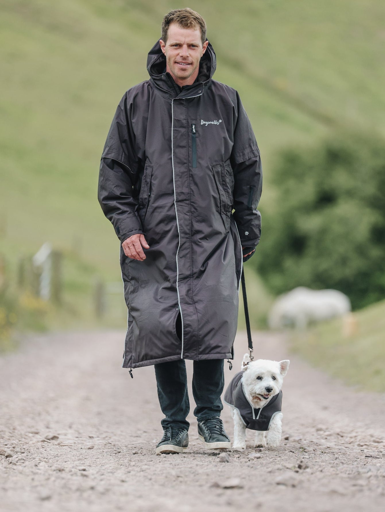 Drywalks Waterproof Dog Coat in rich brown man walking dog in matching coat