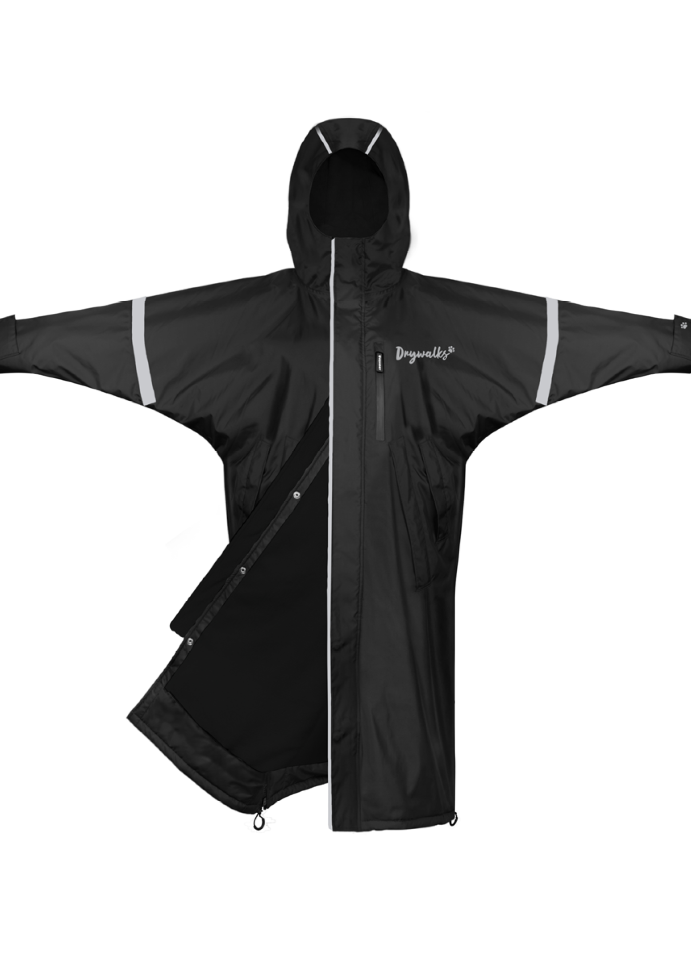 Black Drywalks waterproof dog walkers coat with reflective hi vis elements