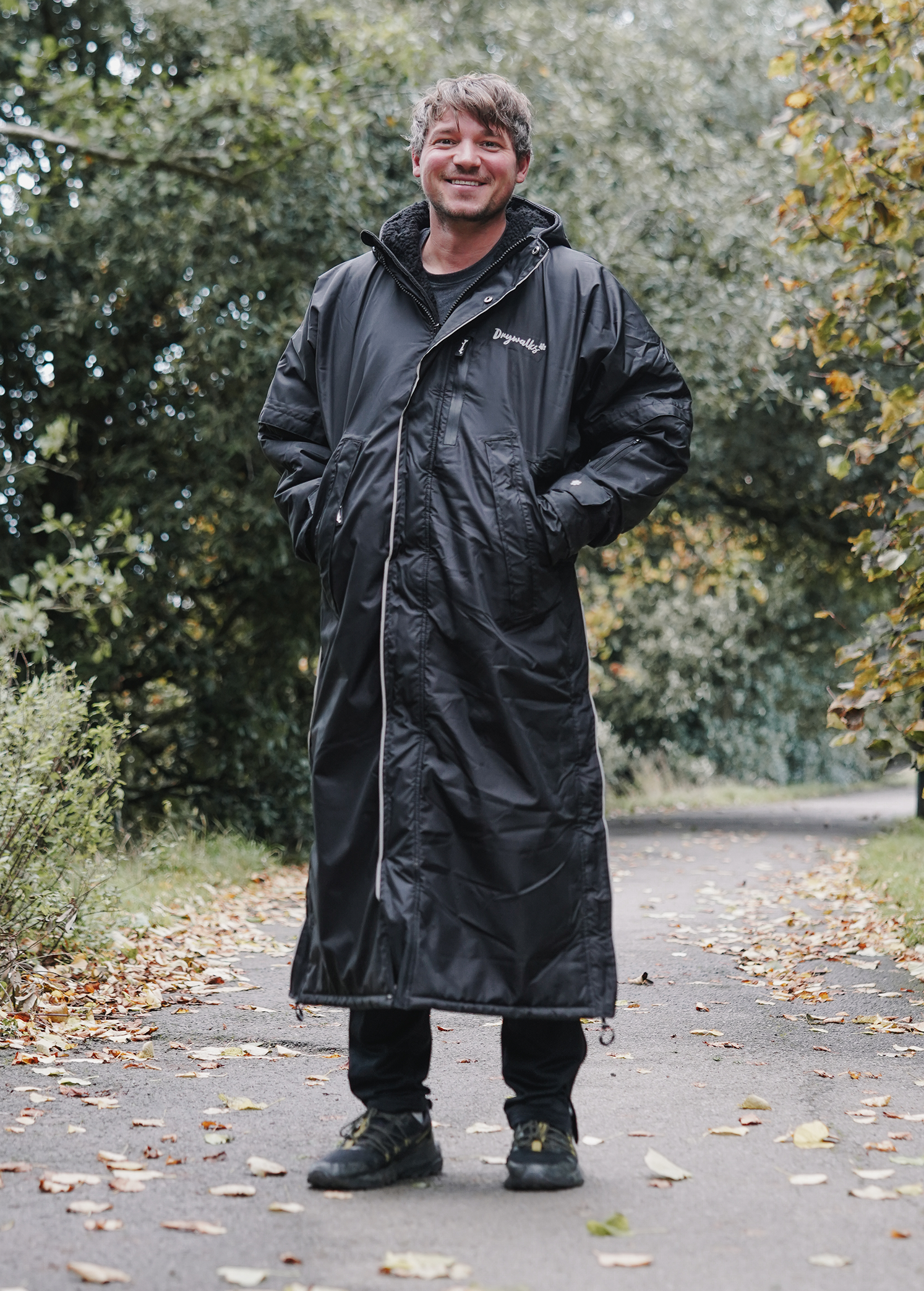 Drywalks Winter Walker Waterproof Dog Walking Coat in black man on walk