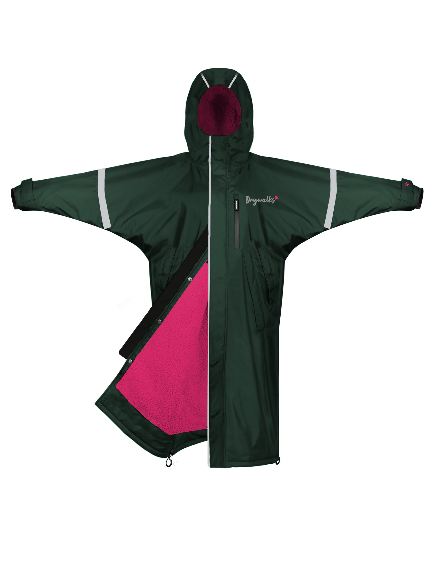 Drywalks Winter Walker Waterproof Dog Walking Coat in black forest green/pink