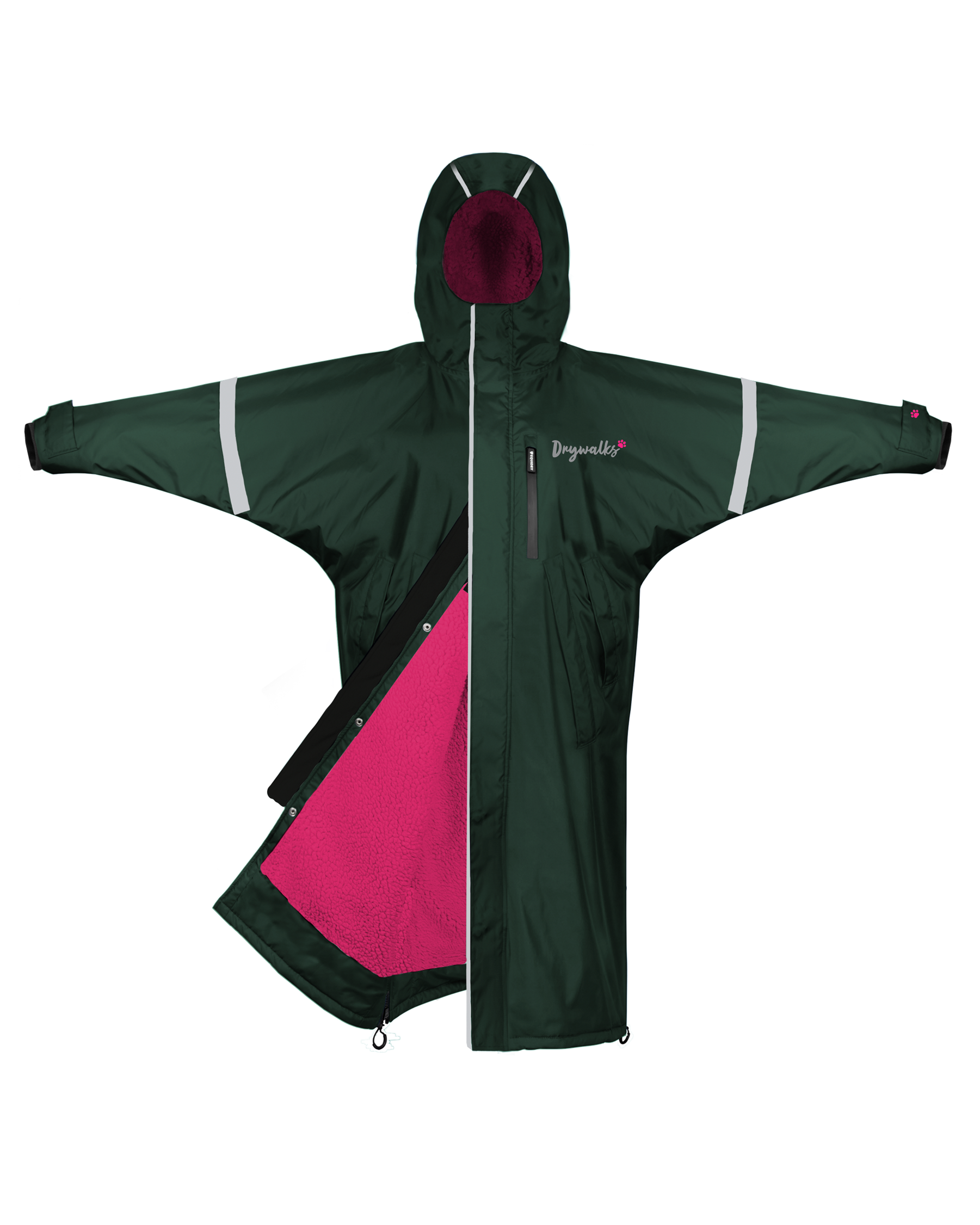 Drywalks Winter Walker Waterproof Dog Walking Coat in black forest green/pink