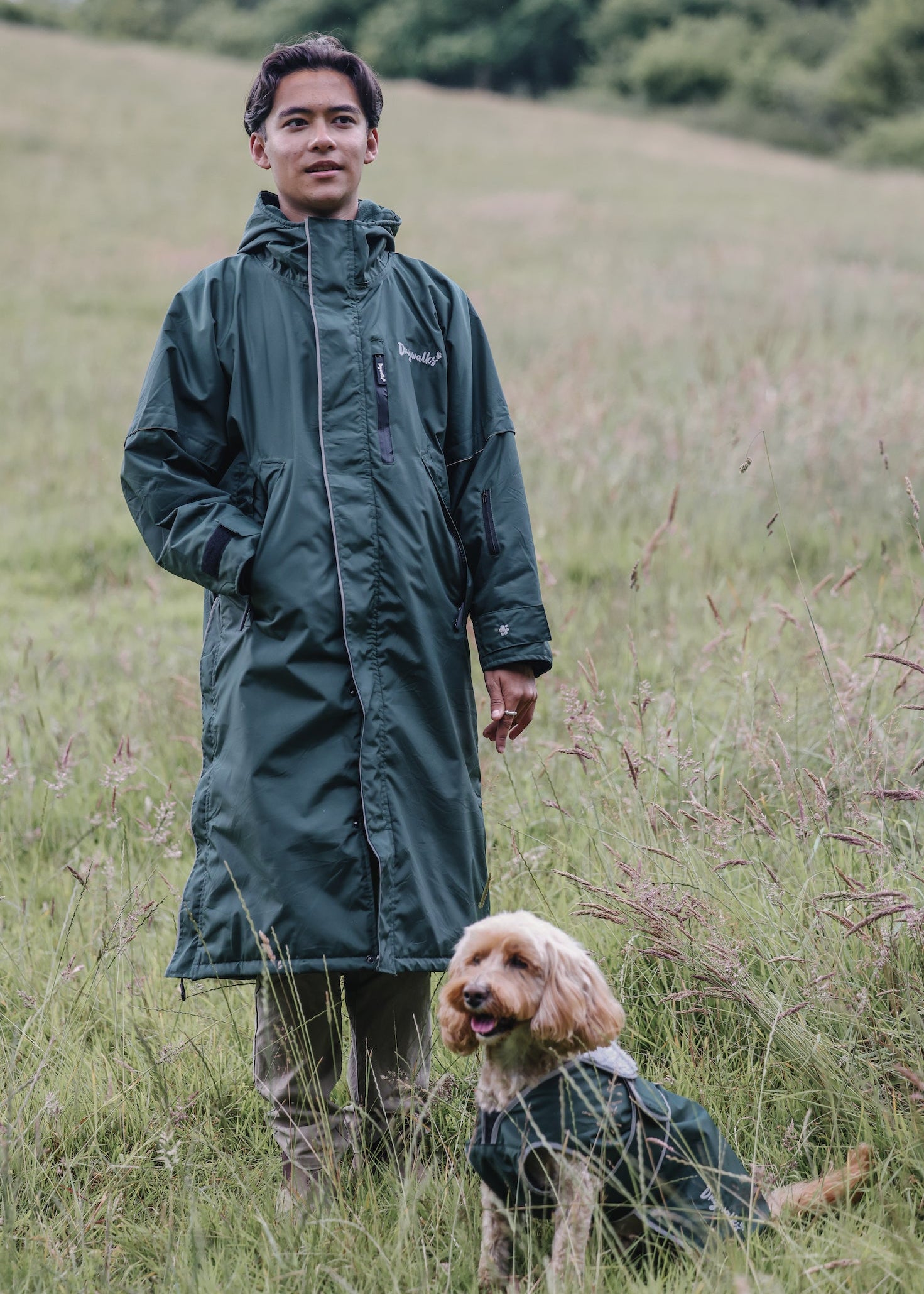 Drywalks Waterproof Dog Coat in black forest green man walking dog