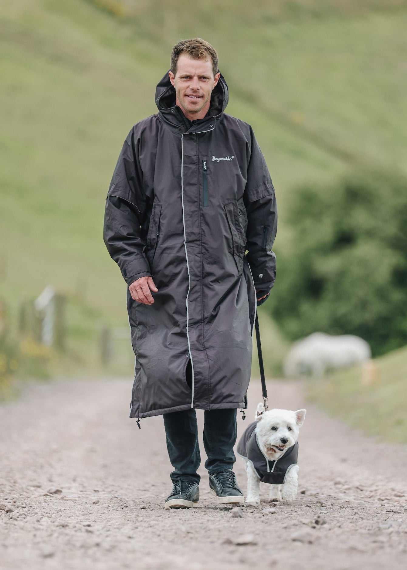 Drywalks Waterproof Dog Coat in rich brown man walking dog in matching coat