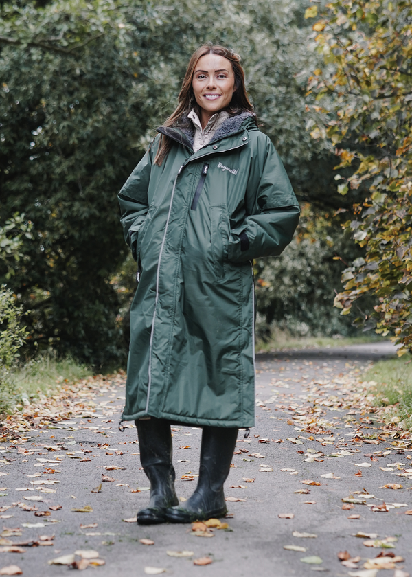 Drywalks Winter Walker Waterproof Dog Walking Coat in black forest green woman on walk