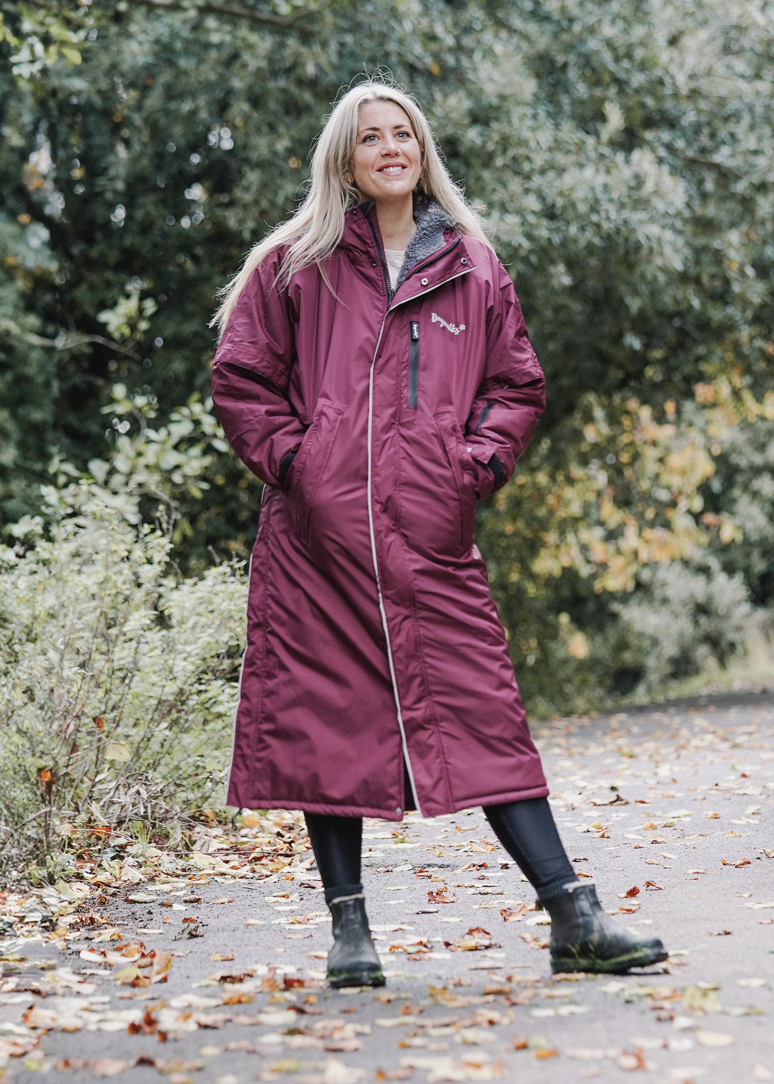 Drywalks Winter Walker Waterproof Dog Walking Coat in plum woman on walk