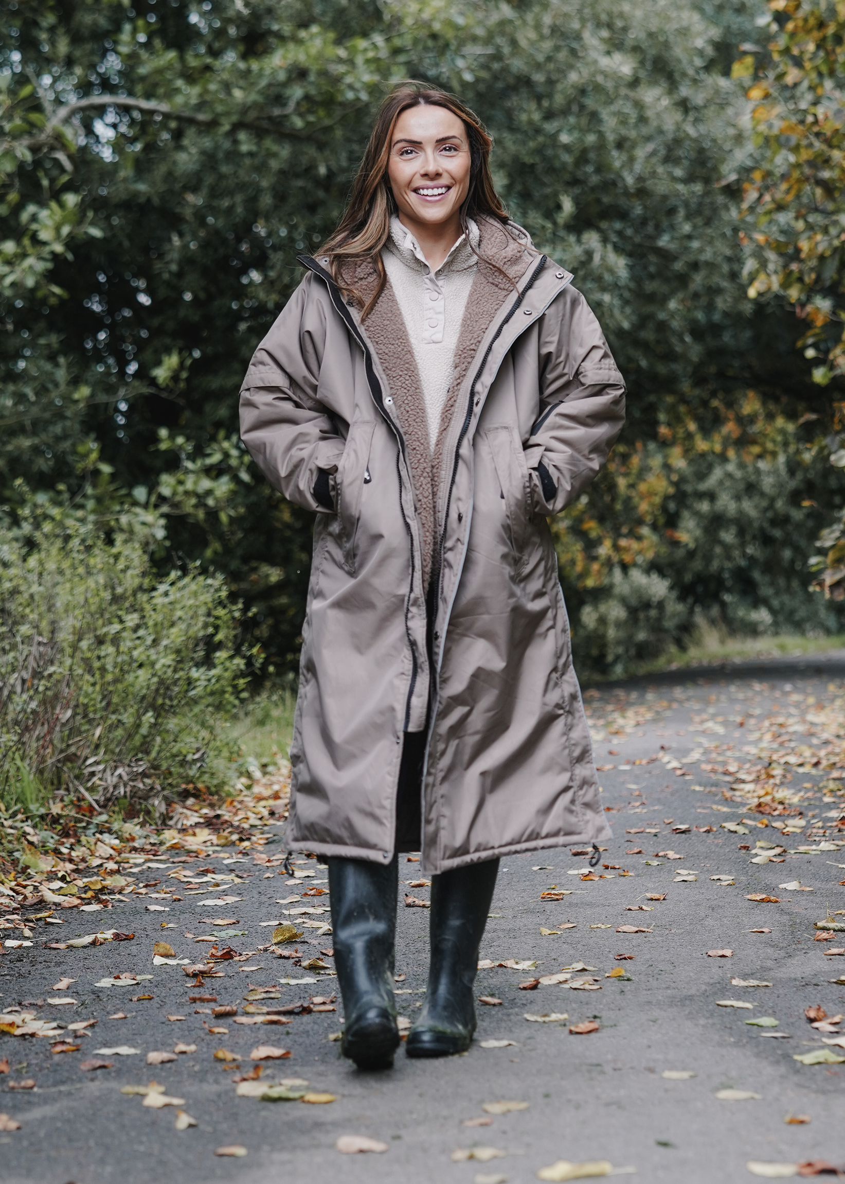Drywalks Winter Walker Waterproof Dog Walking Coat in taupe woman on walk