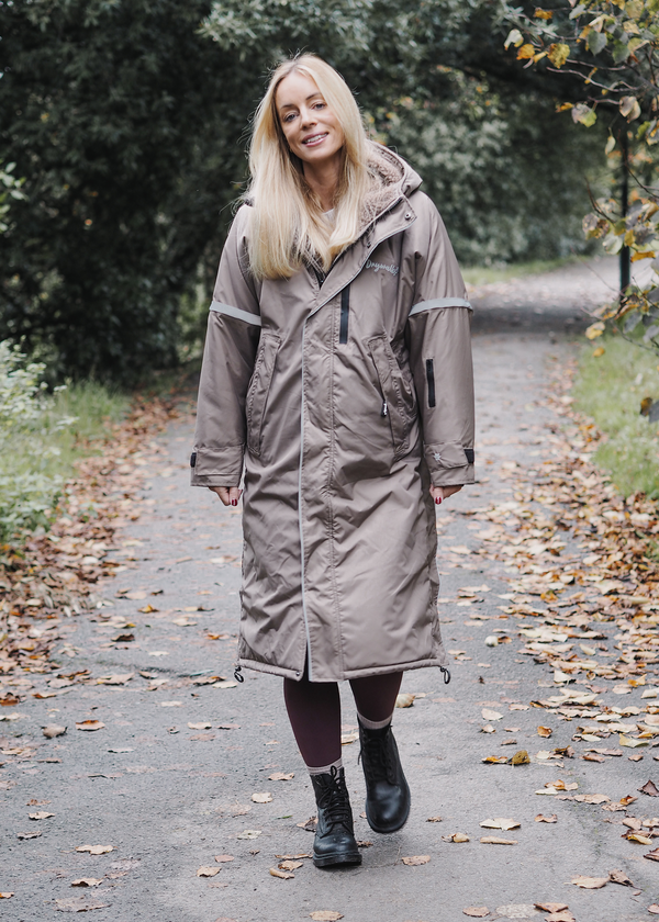 Drywalks Winter Walker Waterproof Dog Walking Coat in taupe woman on walk