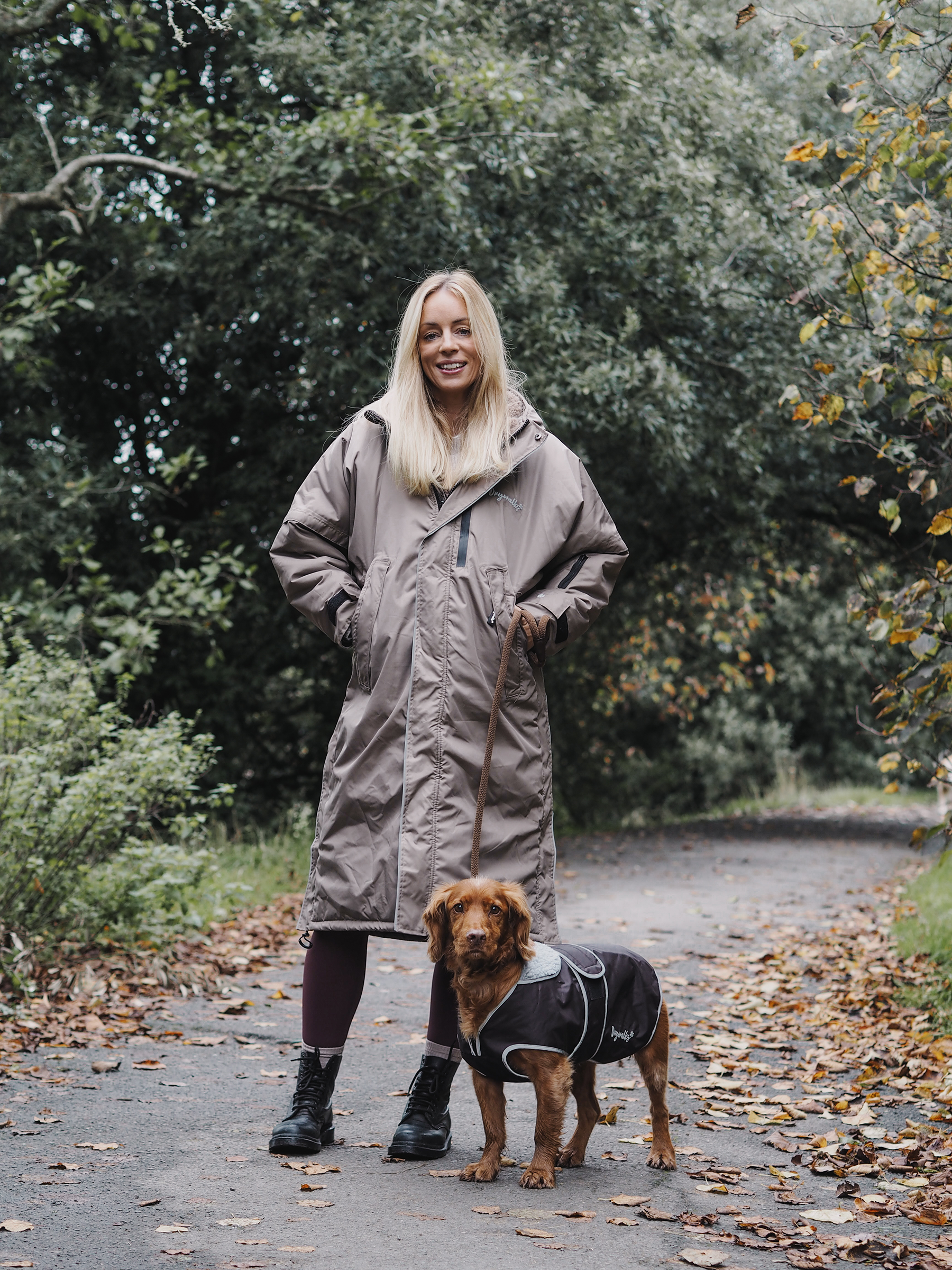 Drywalks Winter Walker Waterproof Dog Walking Coat in taupe woman on a dog walk