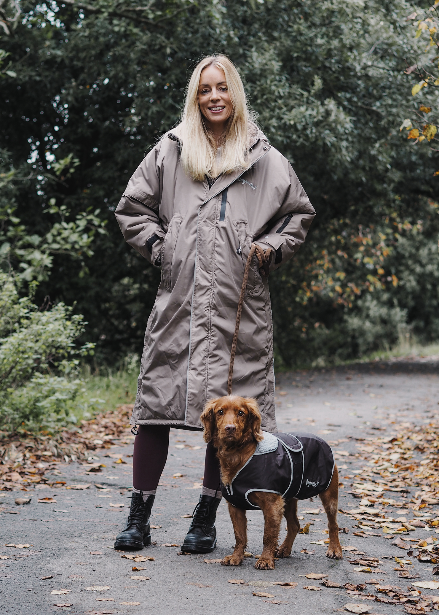 Drywalks Winter Walker Waterproof Dog Walking Coat in taupe woman on a dog walk